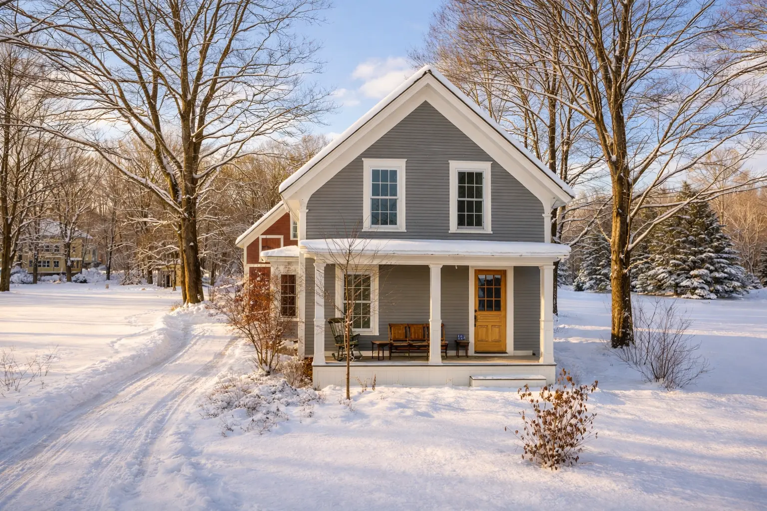 The gray Chester farmhouse under fresh snow on a bright winter morning, with bare trees and a snow-covered driveway